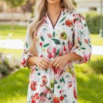 Red Floral Contrast Striped V Neck Puff Half Sleeve Shift Dress