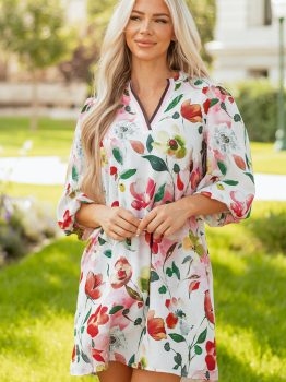 Red Floral Contrast Striped V Neck Puff Half Sleeve Shift Dress