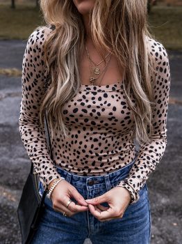 Smoke Gray Leopard Print Long Sleeve Scoop Neck Slim Fit Bodysuit