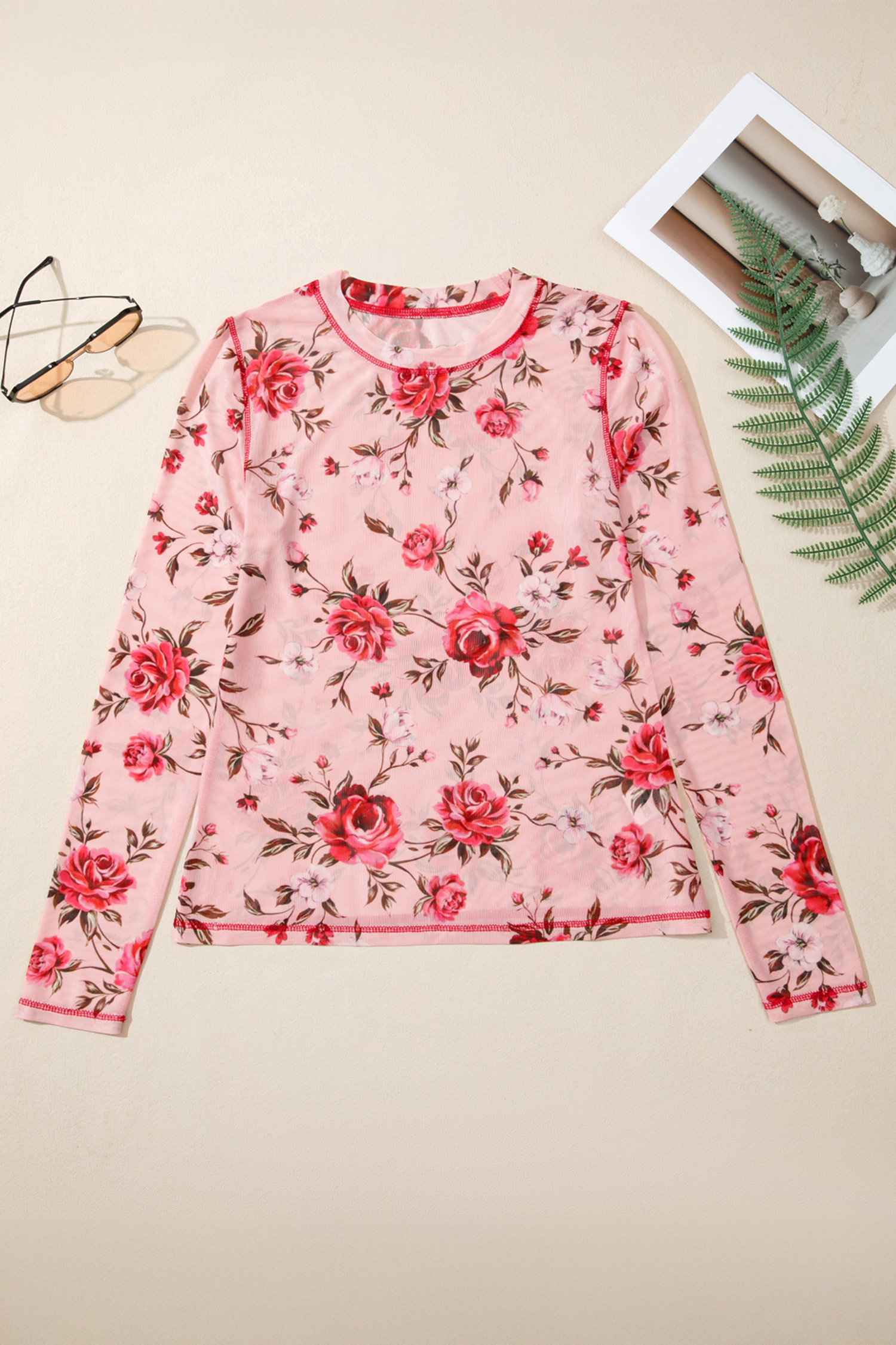 Pink Floral Print Exposed Seam Detail Mesh Long Sleeve Top - Image 7