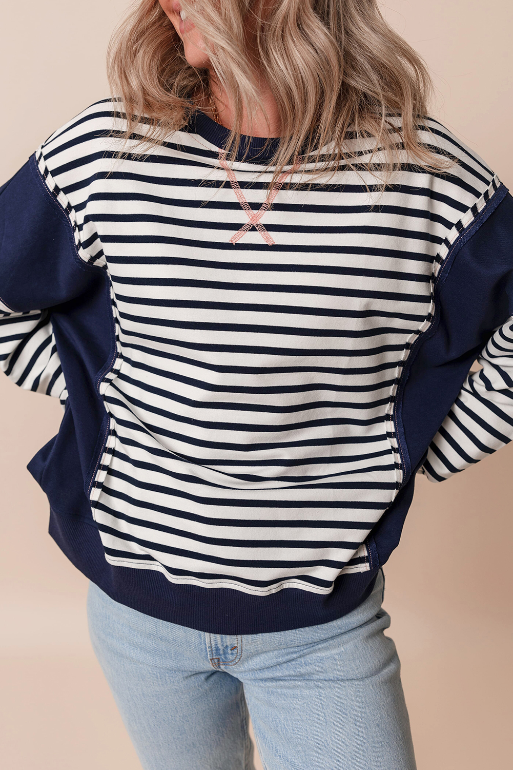 White Stripe Color Block Exposed Seam Loose Fit Sweatshirt - Image 7