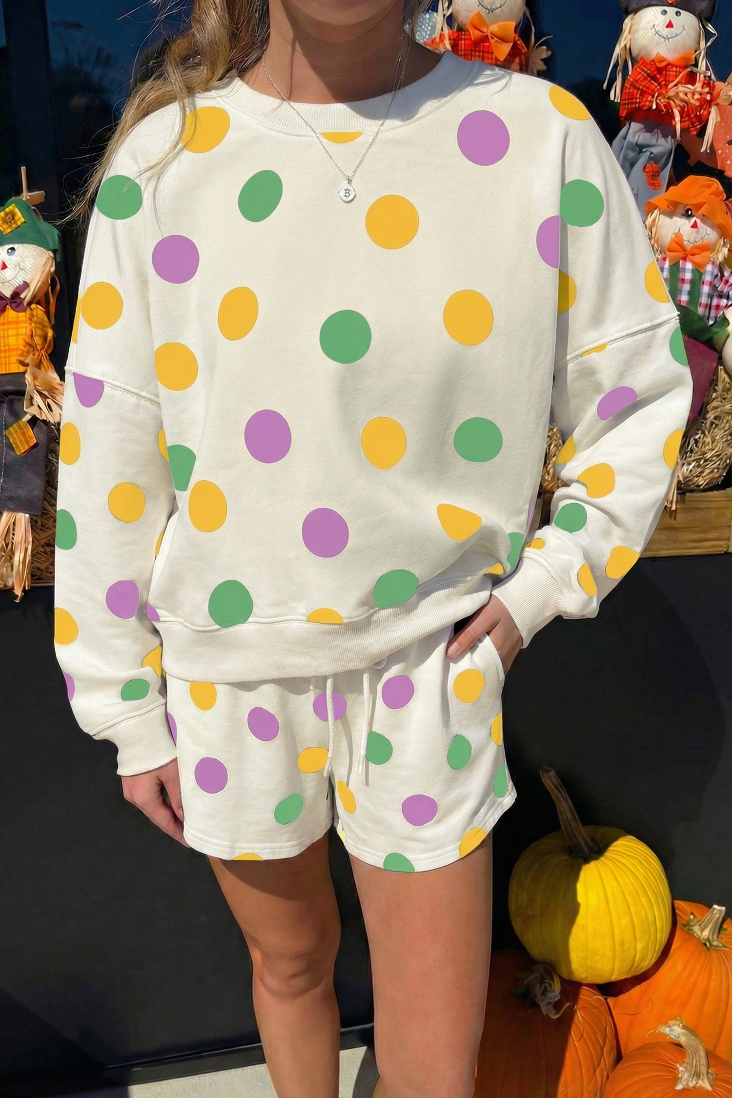 Multicolour Polka Dot Print Drop Shoulder Pullover Drawstring Shorts Set - Image 2