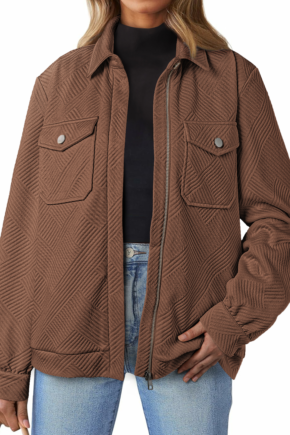 Coffee Solid Color Zip Up Button Flap Pocket Shirt Collar Jackets - Image 7