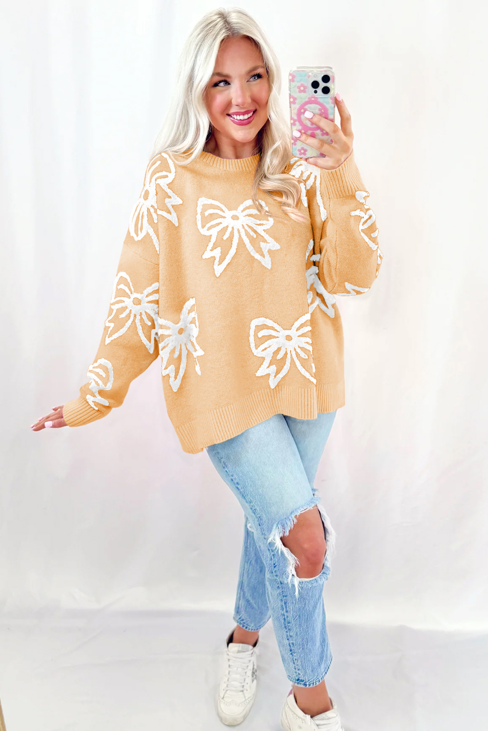 Golden Fleece Bow Pattern Drop Shoulder Loose Sweater - Image 4