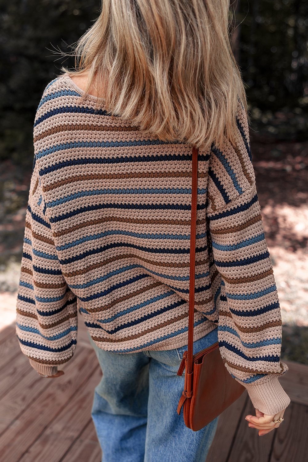 Multicolour Striped Knitted Drop Shoulder Round Neck Sweater - Image 2