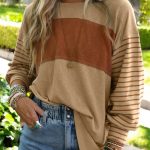 Light French Beige Colorblock Striped Bishop Sleeve Top