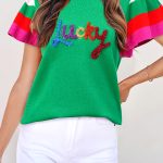 Bright Green Shiny Lucky Striped Flutter Sleeve Round Neck Sweater