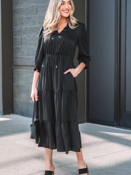 Black Flounced Bracelet Sleeve V Neck Tiered Maxi Dress