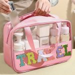 Light Pink TRAVEL Chenille Letter Clear PVC Makeup Bag