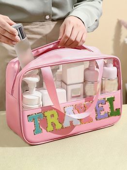Light Pink TRAVEL Chenille Letter Clear PVC Makeup Bag
