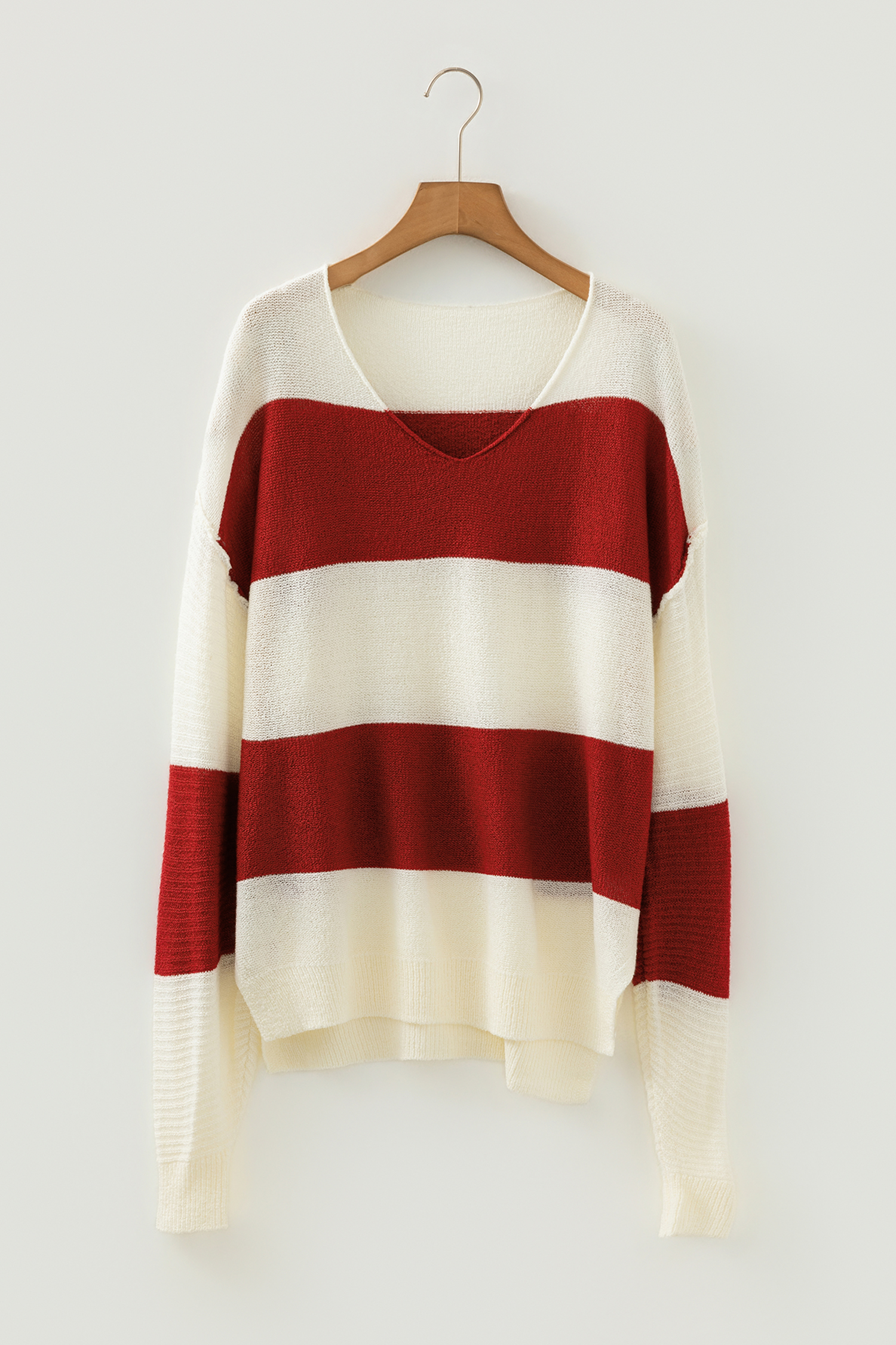 Red Stripe Loose Color Block Drop Shoulder Bubble Sleeve Sweater - Image 4