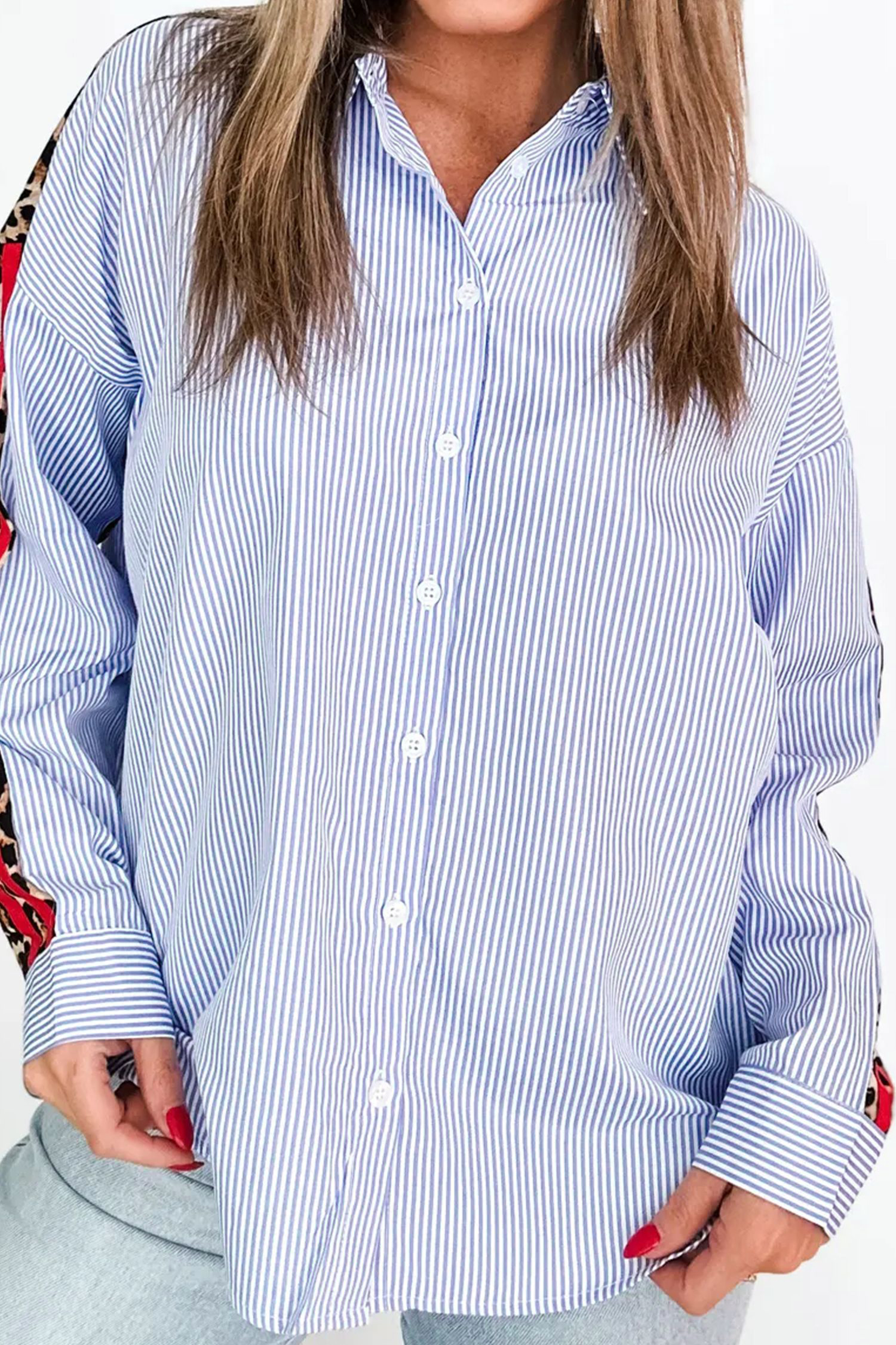 Sky Blue Stripe Contrasted Varsity Stripe Leopard Patchwork Button Down Shirt - Image 3