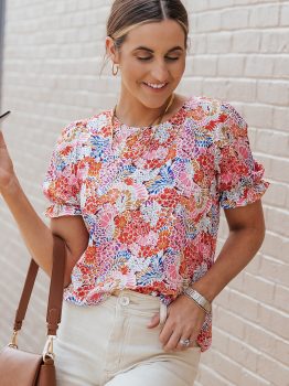 Multicolor Mix Floral Pattern Bubble Sleeve Blouse