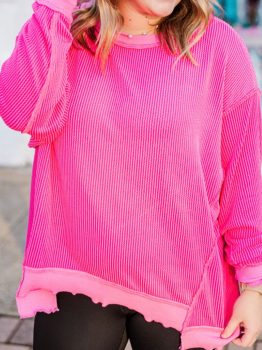 Rose Red Drop Shoulder Uneven Hem Plus Size Twisted Rib Top