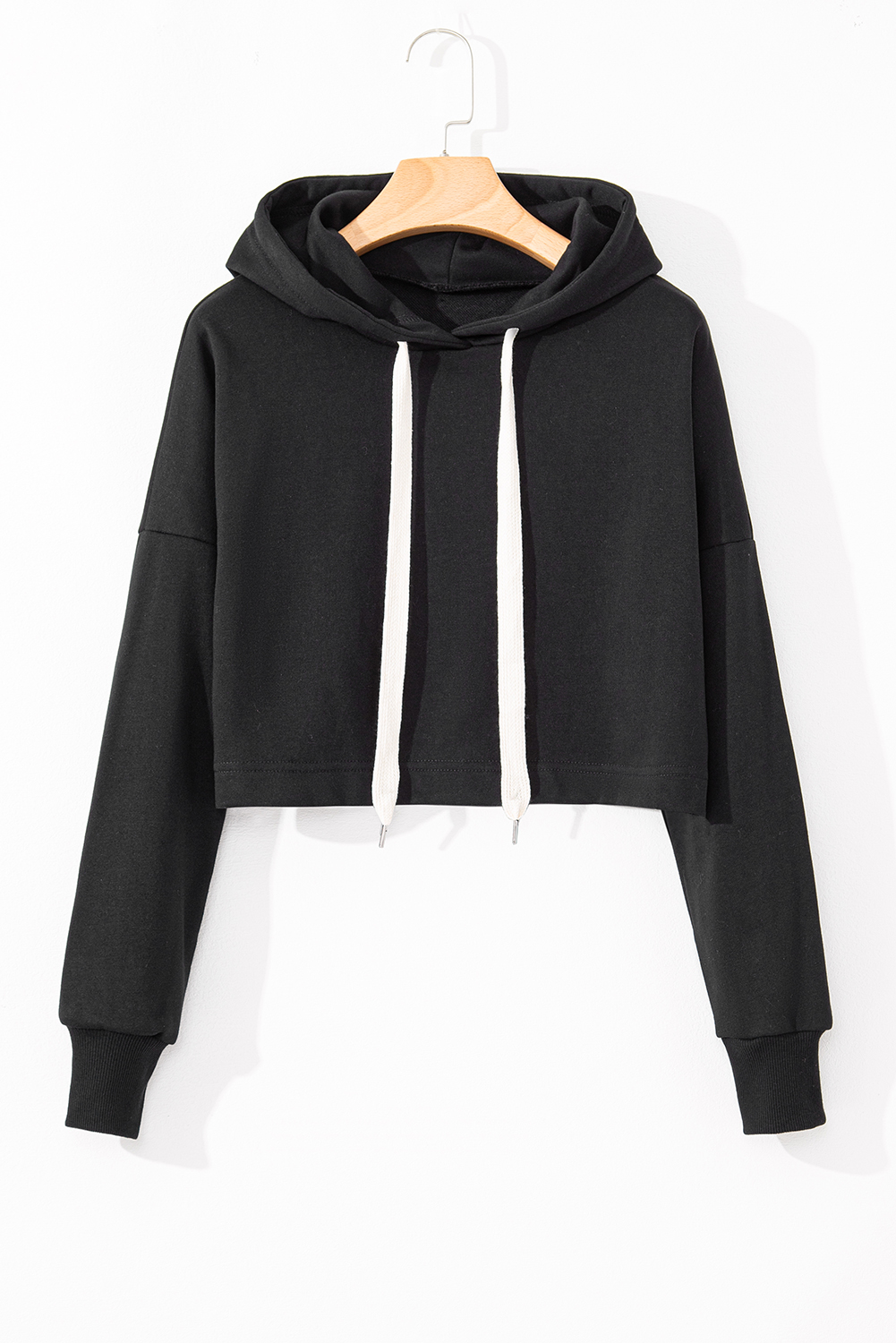 Black Solid Drop Shoulder Drawstring Cropped Hoodie - Image 4