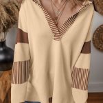 Light French Beige Striped Colorblock Patchwork Collar Sweatshirt