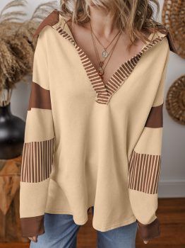 Light French Beige Striped Colorblock Patchwork Collar Sweatshirt