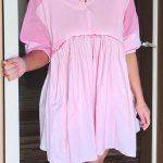 Pink Raw Seam Color Block Patchwork Button Polo Collar Mini Dress
