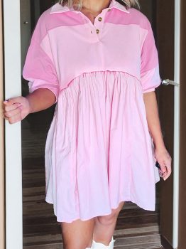 Pink Raw Seam Color Block Patchwork Button Polo Collar Mini Dress