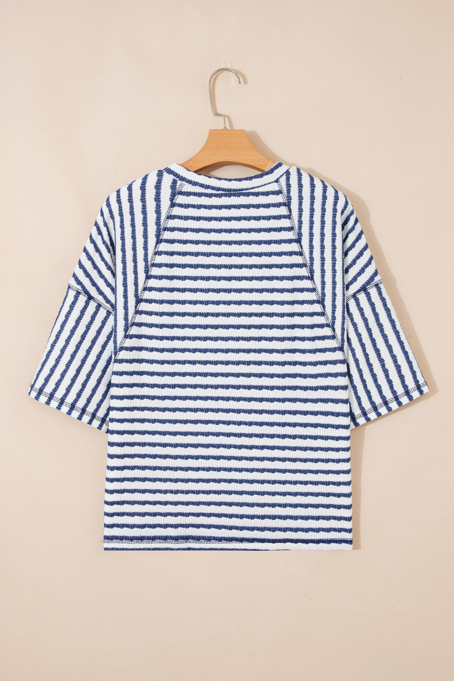 Blue Stripe Textured Knit Split Hem Half Sleeve Loose Top - Image 7