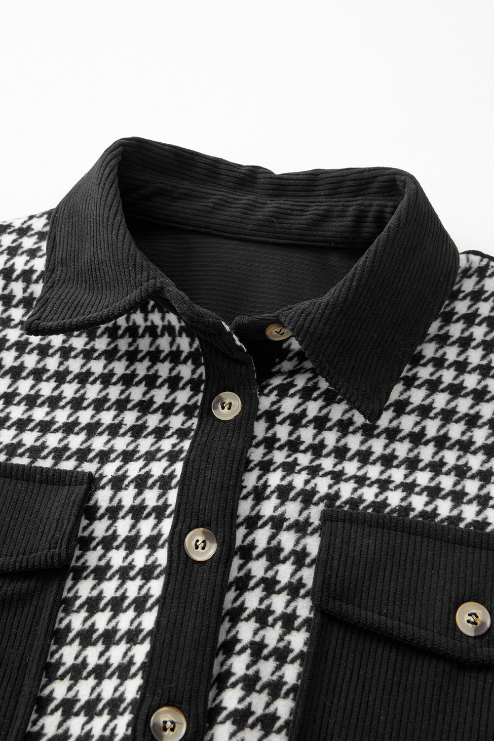 Black Houndstooth Corduroy Patchwork Flap Pocket Shacket - Image 7