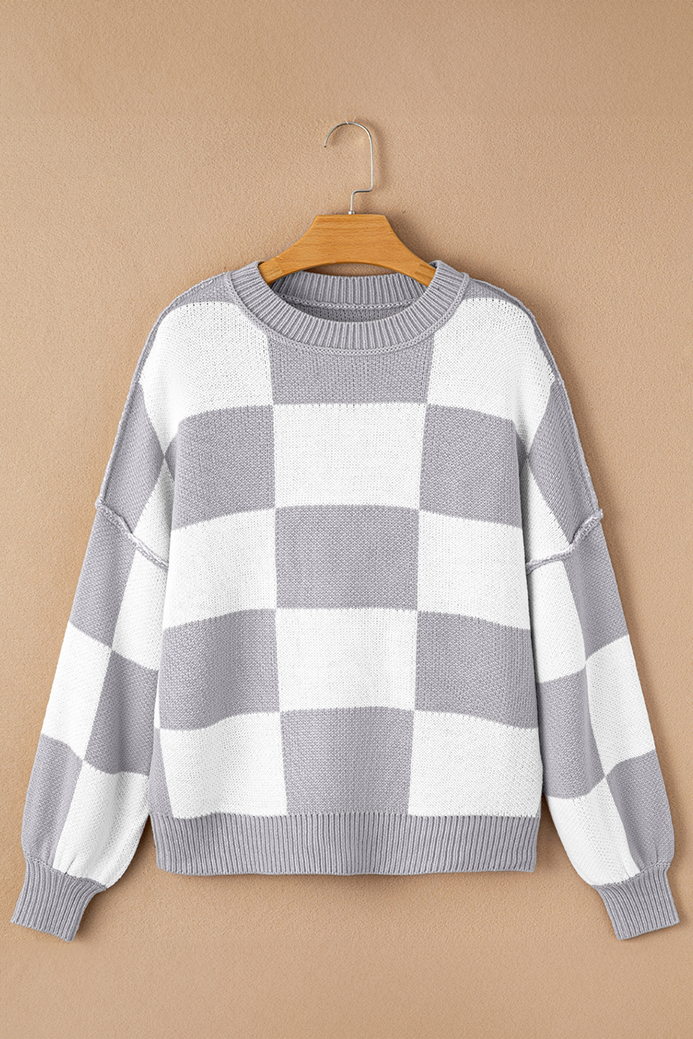 Gray Checkered Bishop Sleeve Sweater - Image 4