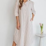 Khaki Stripe Frilled Collar Half Sleeve Shirt Maxi Dress