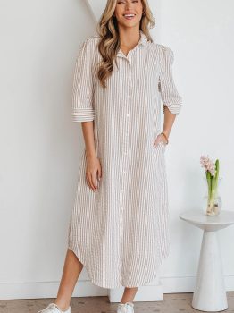 Khaki Stripe Frilled Collar Half Sleeve Shirt Maxi Dress
