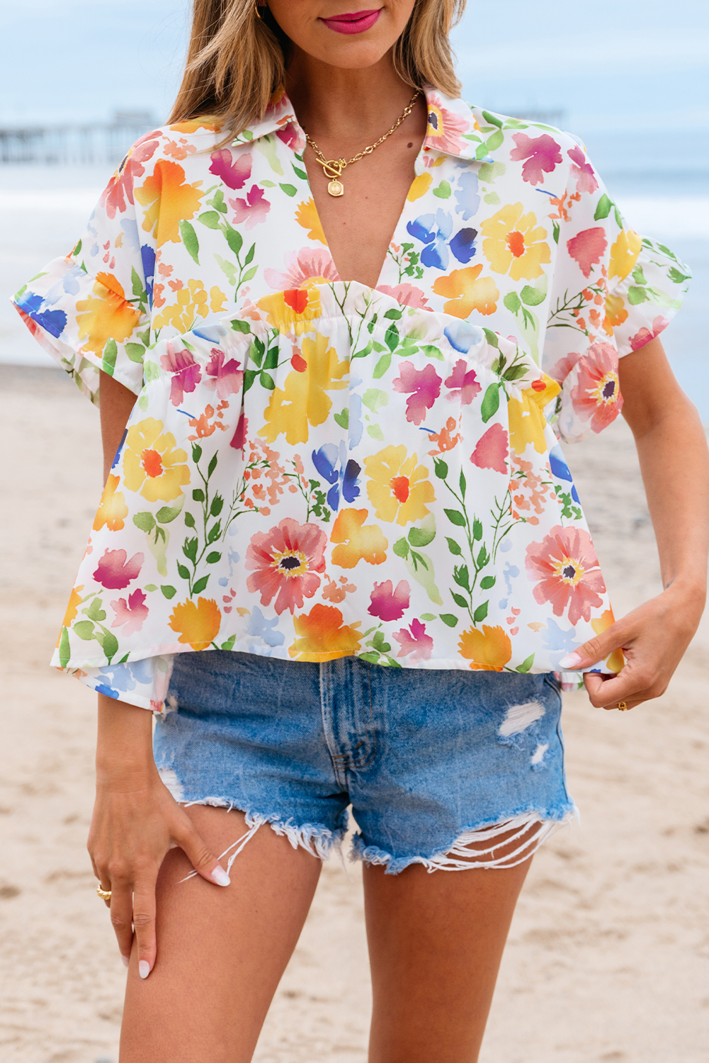 Yellow Floral Boxy Fit Ruffled Short Sleeve V Neck Blouse - Image 4