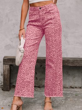 Rose Leopard Frayed Edge Wide Leg High Waist Jeans
