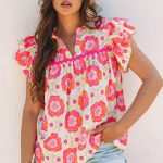 Rose Floral Ruffled Sleeve Ric-rac Trim Split Neck Loose Blouse