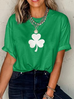 Bright Green Embroidered Clover Pattern St Patrick Tee