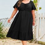 Black Plus Size Short Sleeve Lace-up High Waist Midi Dress