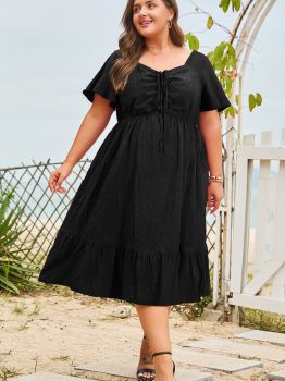 Black Plus Size Short Sleeve Lace-up High Waist Midi Dress