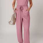 Light Pink Lace-up Elastic Waist Sleeveless Square Neck Jumpsuit