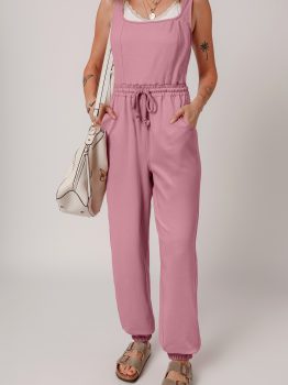 Light Pink Lace-up Elastic Waist Sleeveless Square Neck Jumpsuit