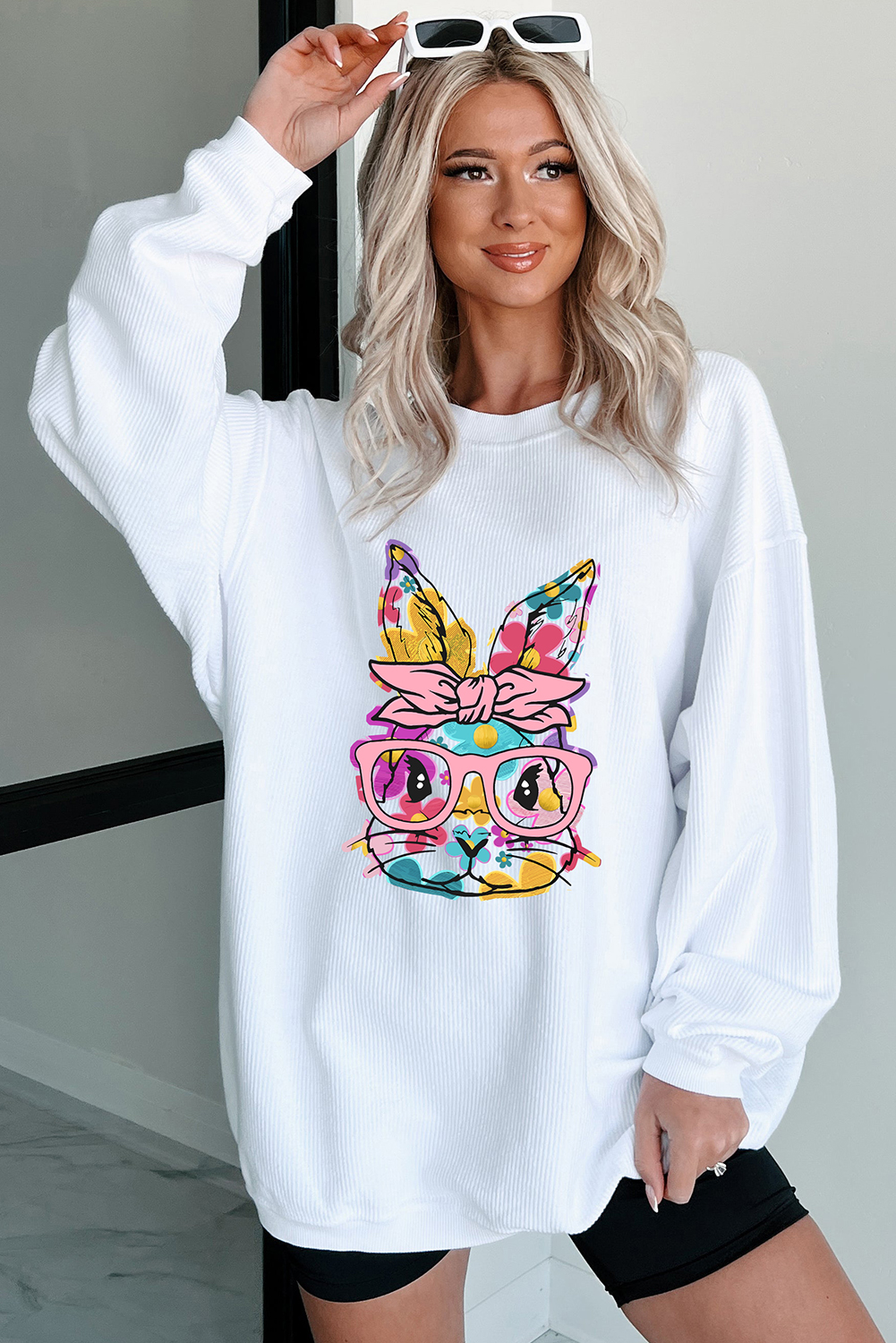 White Floral Rabbit with Glasses Graphic Corded Easter Sweatshirt - Image 2