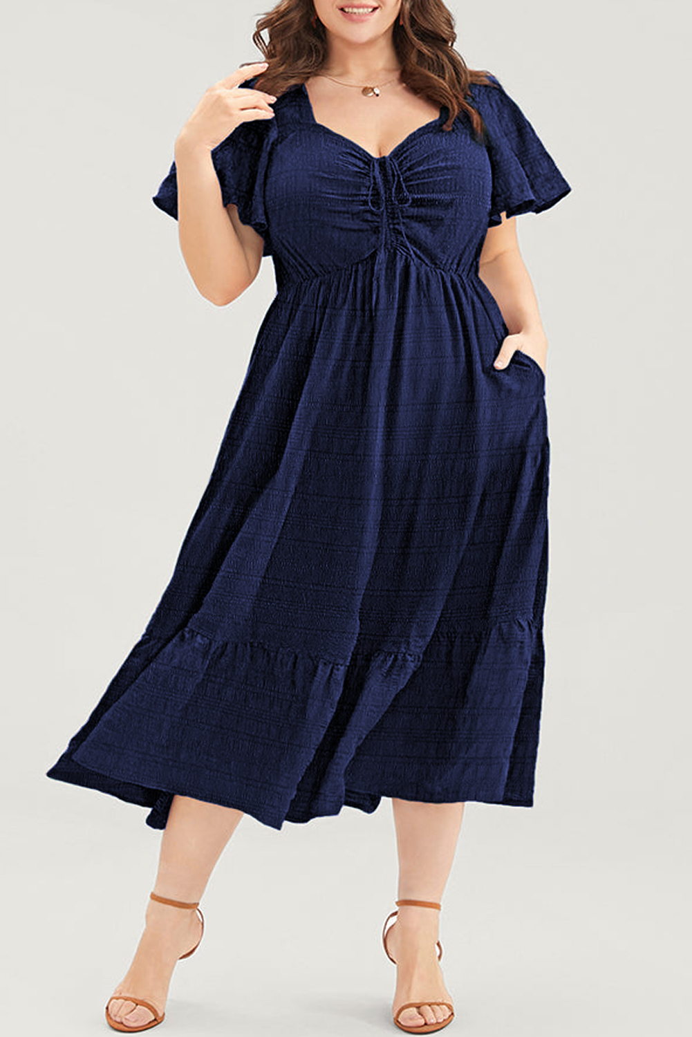 Blue Plus Size Short Sleeve Lace-up High Waist Midi Dress - Image 5