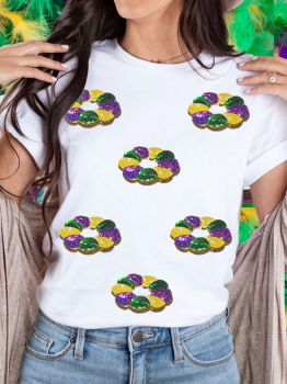White Sequined Mardi Gras Pattern Crew Neck Short Sleeve Top