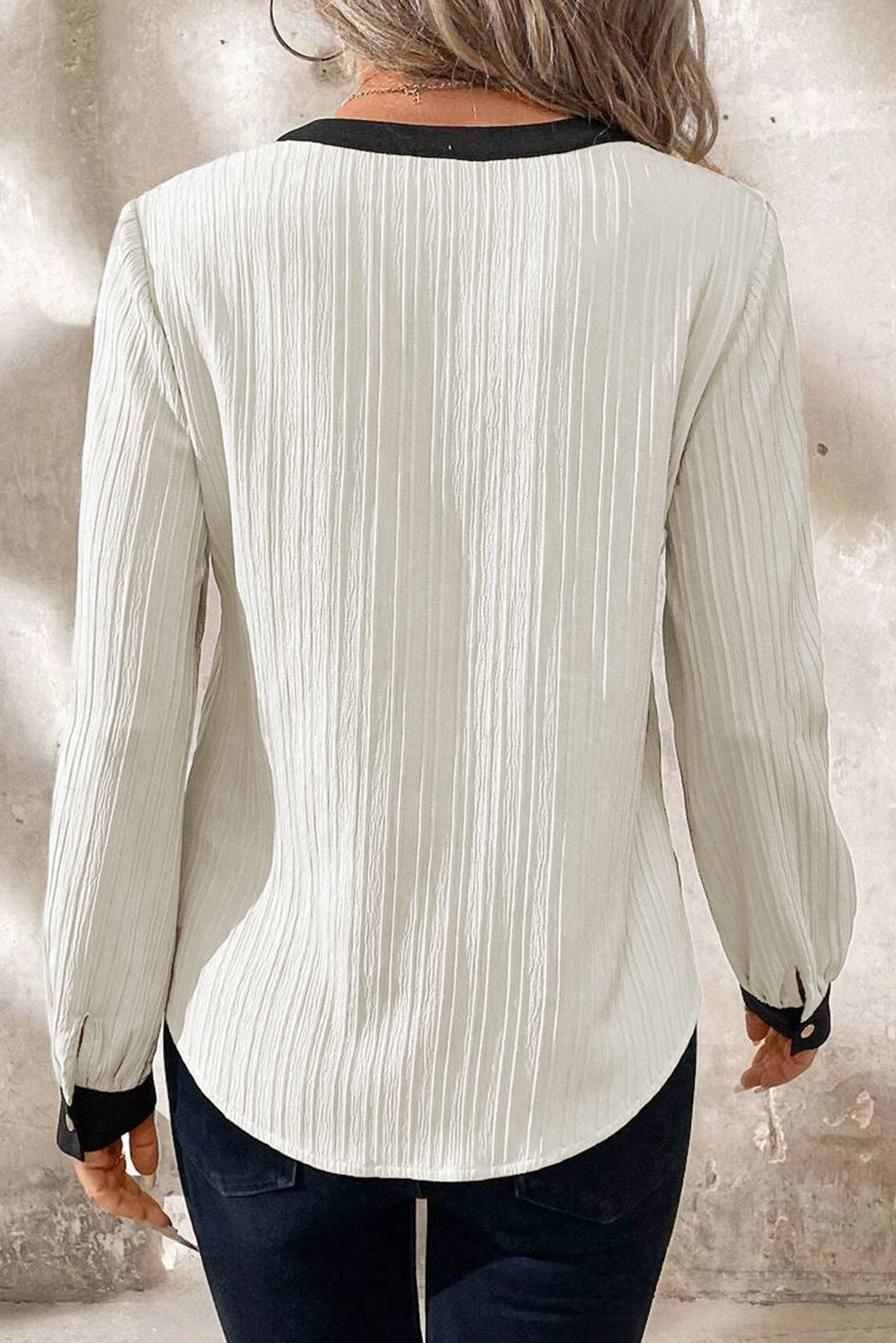 White Textured Colorblock V Neck Elegant Blouse - Image 2