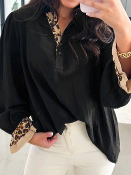 Black Contrast Leopard Print Patchwork Polo Collar Buttons Front Ruffled Long Sleeve Blouse