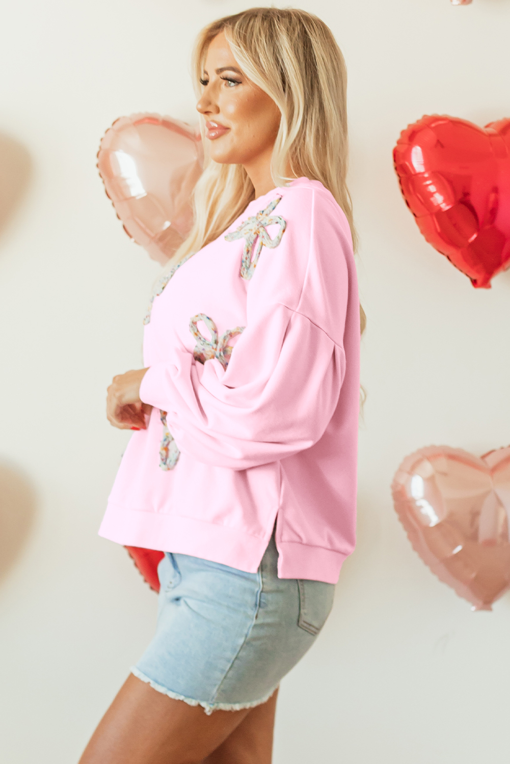 Light Pink Embroidered Bow Lantern Sleeve Oversized Pullover Sweatshirt - Image 5