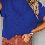 Dark Blue Patch Pocket Ribbed Knit Short Sleeve Sweater