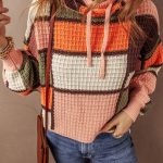 Orange Color Block Waffle Knit Drawstring Mock Neck Sweater