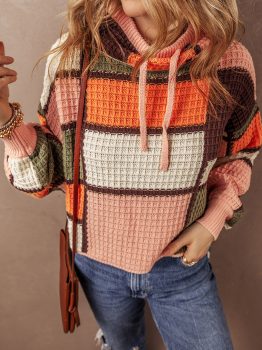 Orange Color Block Waffle Knit Drawstring Mock Neck Sweater