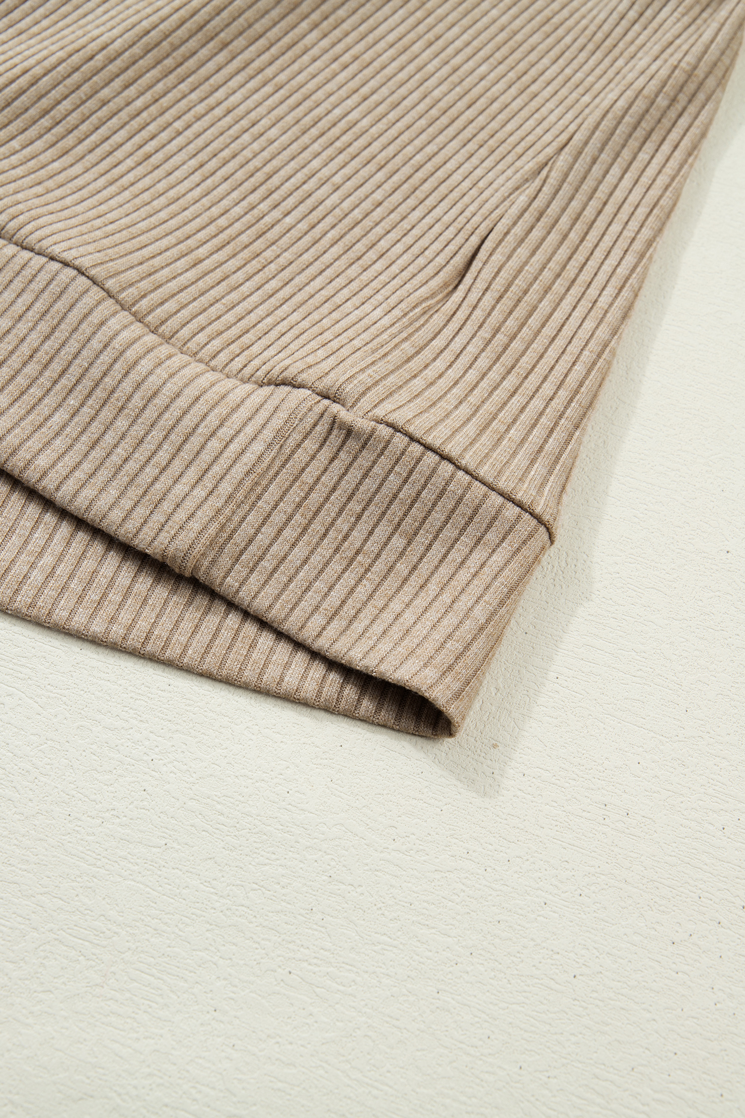 Beige Ribbed Knit Denim Patchwork Button Polo Collar Cuffed Long Sleeve Top - Image 6