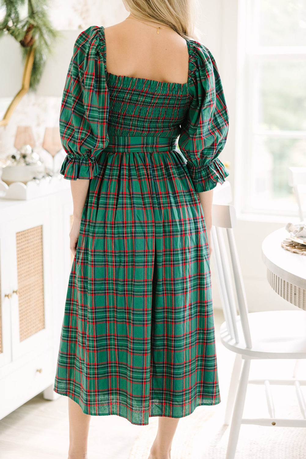 Green Tartan Plaid Square Neck Puff Sleeve Knot Waist Flared Midi Dress - Image 7
