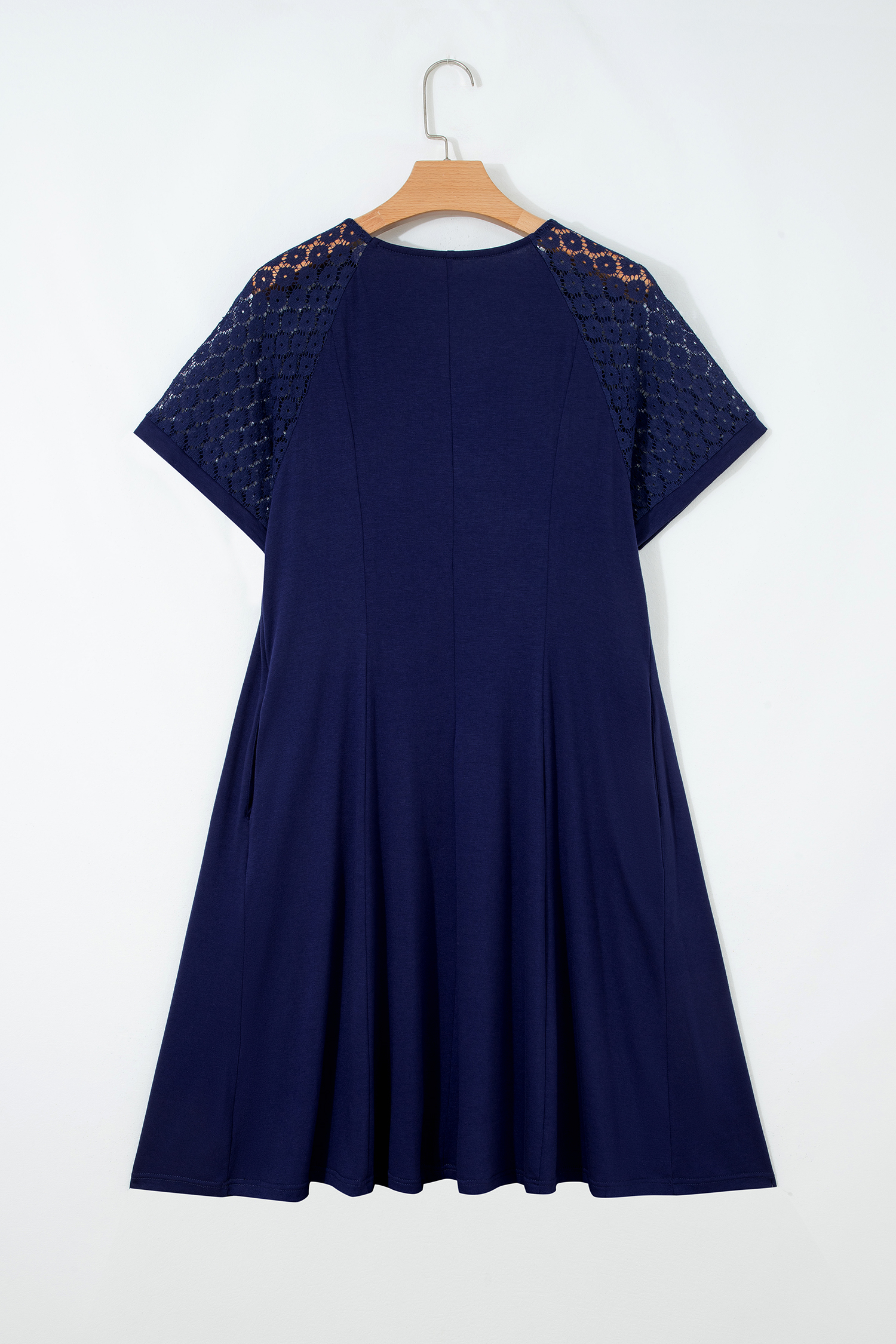 Navy Blue Plus Size Solid Color Lace Short Sleeve Pleated Swing Dress - Image 7