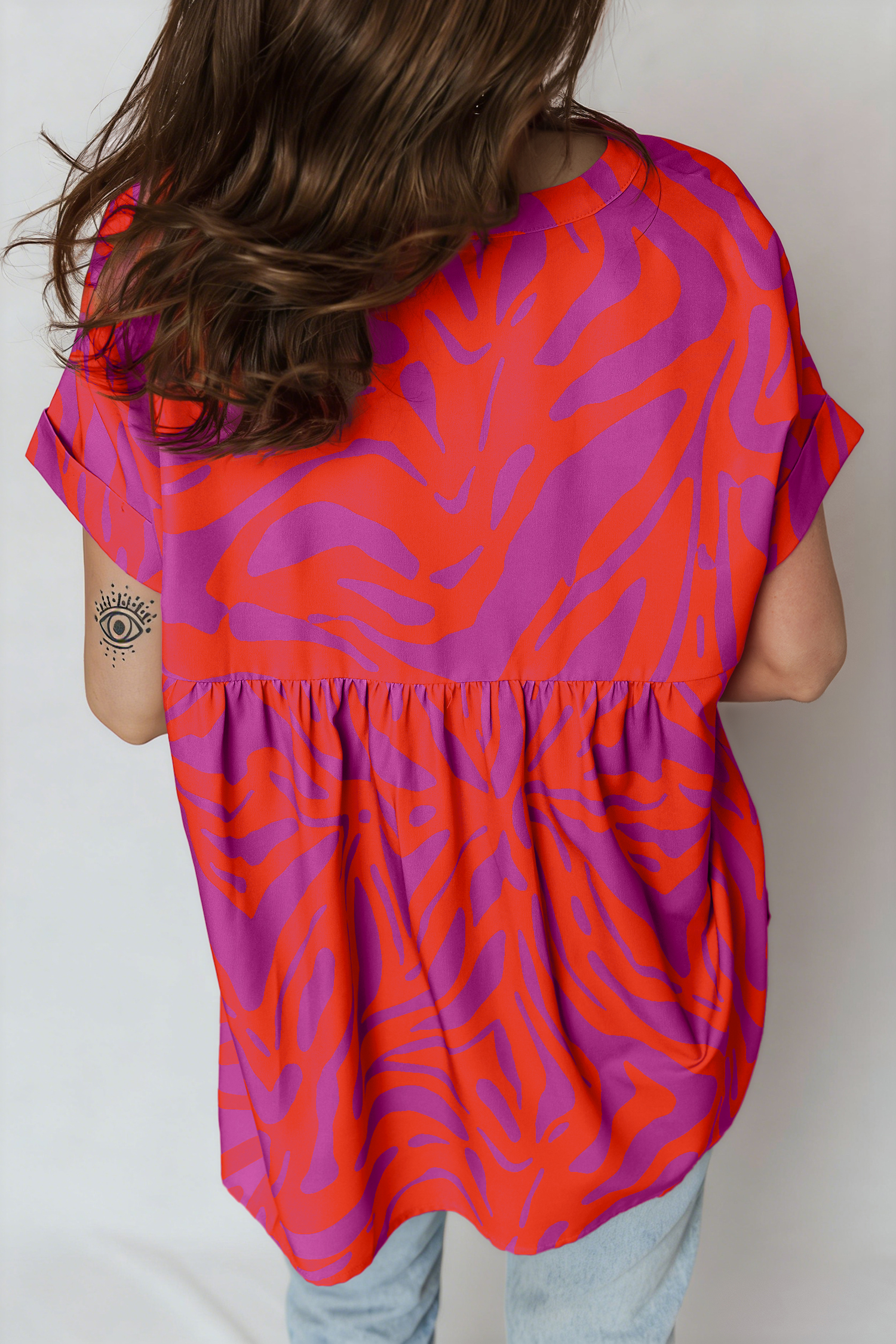 Multicolour Abstract Print V Neck Cuffed Short Sleeve Shift Slit Blouse - Image 2