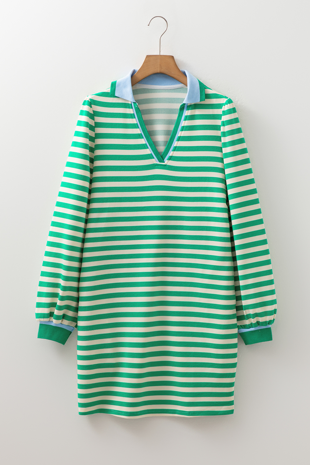 Green Striped Contrast Collar Split Neck Long Sleeve Mini Dress - Image 4